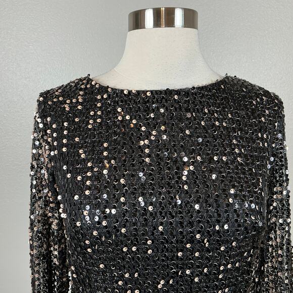 Betsy & Adam Black Sequined Long Sleeve Formal Cocktail Dress Size 10 - Picture 7 of 14